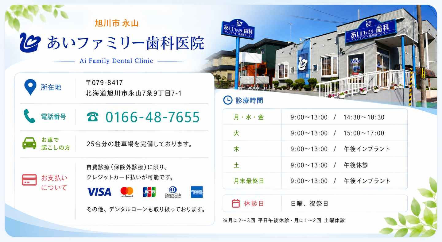 医院名 あいファミリー歯科  院長 水野 史之  住所 〒079-8417 旭川市永山7条9丁目7-1  駐車場 17台分ご用意しております。  電話 (０１６６)４８－７６５５  お支払い 自費診療に限りカード払い可能  クレジットカード払い 診療時間 Date.etc 月,水,金曜日 　９時～１３時 / １４時３０分～１８時３０分  火曜日 　９時～１３時 / １５時００分～１７時  木曜日 　９時～１３時 / 午後インプラント  土曜日 　９時～１３時 / 午後休診  月末最終日 　９時～１３時 / 午後インプラント  休診日 日曜・祝祭日・年末年始・学会参加時   ※月に2～3回 平日午後休診 / 月に1〜2回 土曜休診